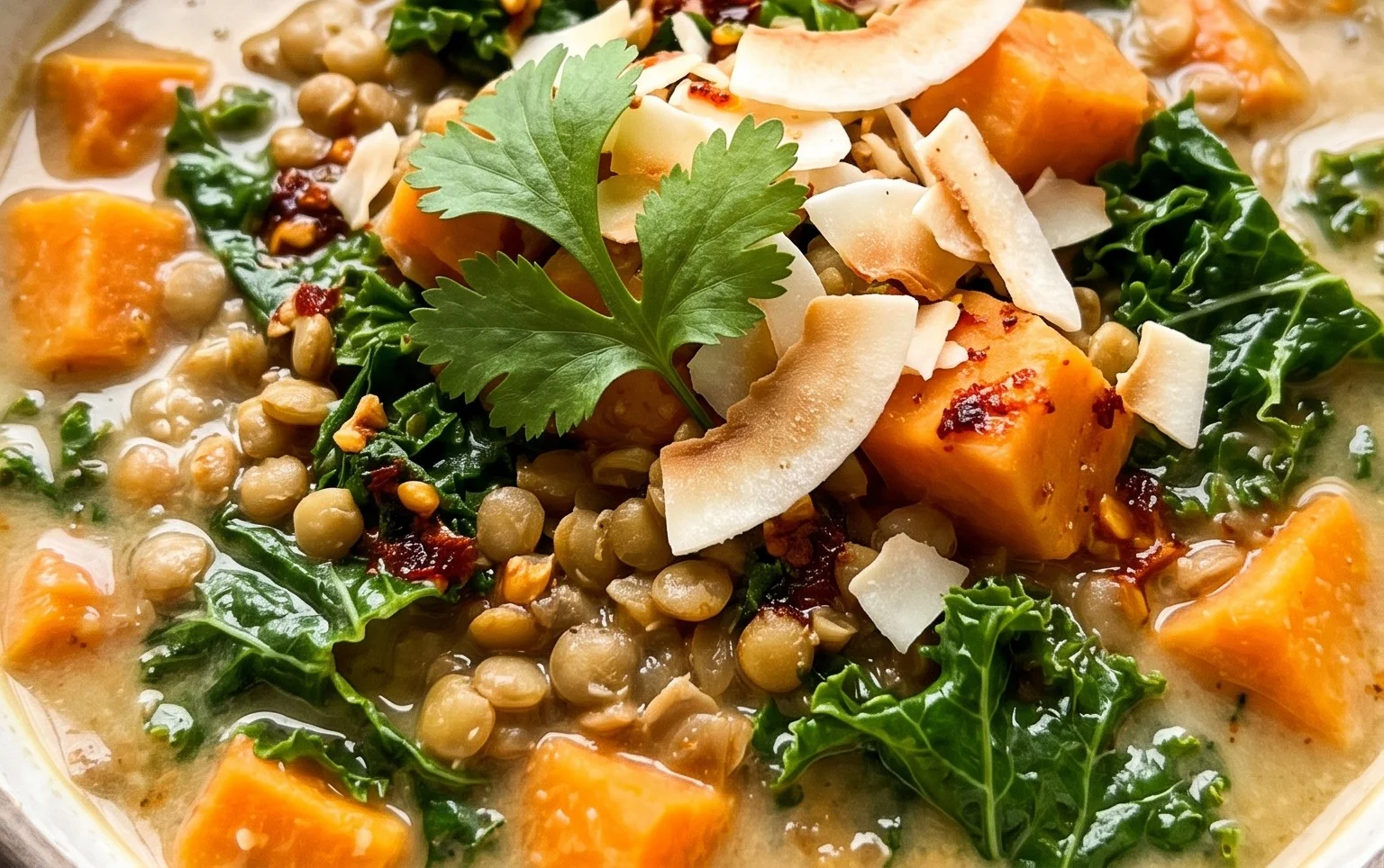Ginger Sweet Potato and Coconut Milk Stew with Lentils and Kale